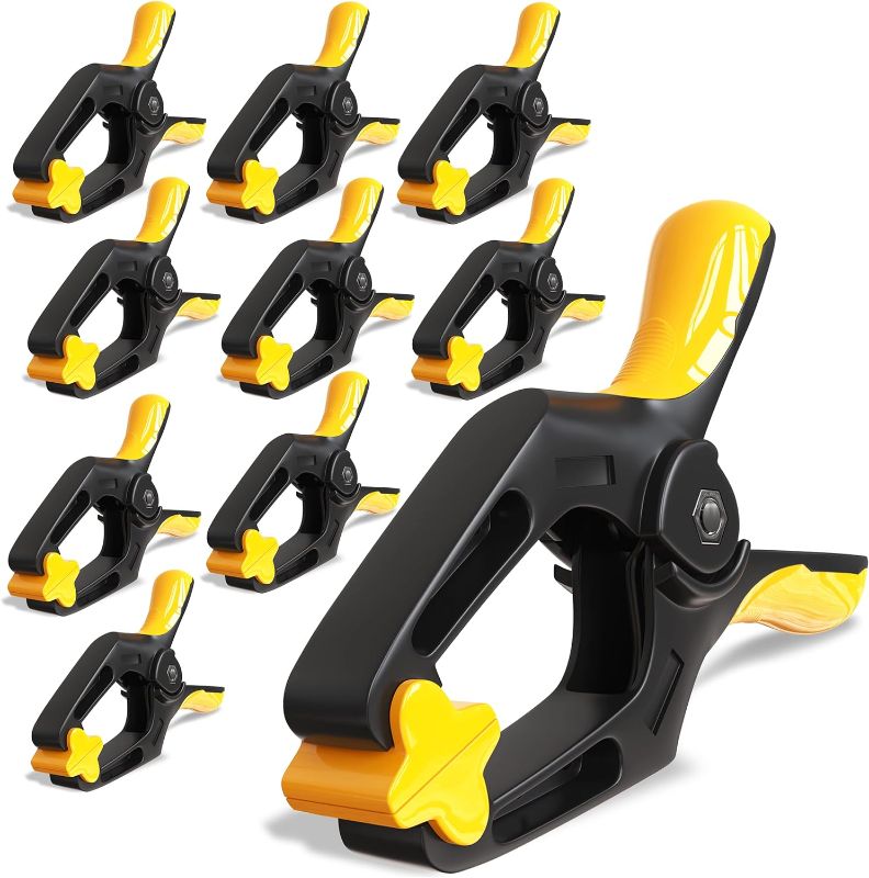 Photo 1 of Spring Clamps 4 inch - 10 Pack Plastic Clamps for Tarps, Crafts, Backdrop and Pool Cover with 2 inch Mouth Opening - Rust Free Large Clips Heavy Duty Outdoor with Non-Detachable Jaw Pads

