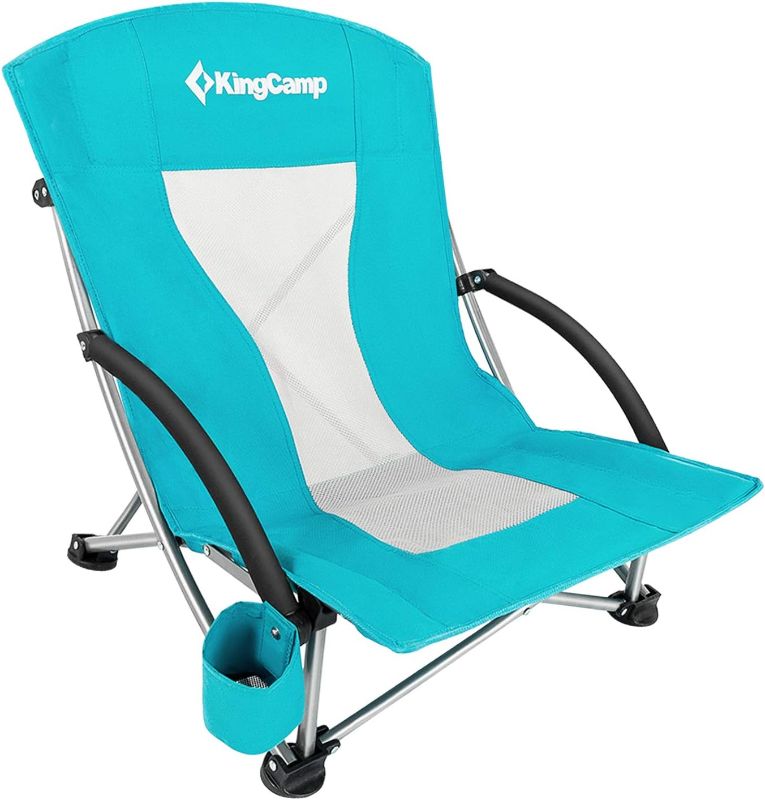 Photo 1 of KingCamp Low Folding Beach Chairs for Adults,Portable Lightweight Lowback Sling Chair with Headrest,Cup Holder,Carry Bag Armrest,Foldable Chair for Sand Camping Concert Travel,300LBS
