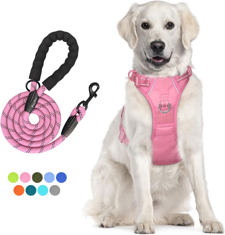 Photo 1 of PoyPet No Pull Dog Harness and 5 Feet Leash Set, Release on Neck Reflective Adjustable Pet Vest, Front & Back 2 D-Ring and Soft Padded Pet Harness with Handle for Small to Large Dogs(Pink,XL)
