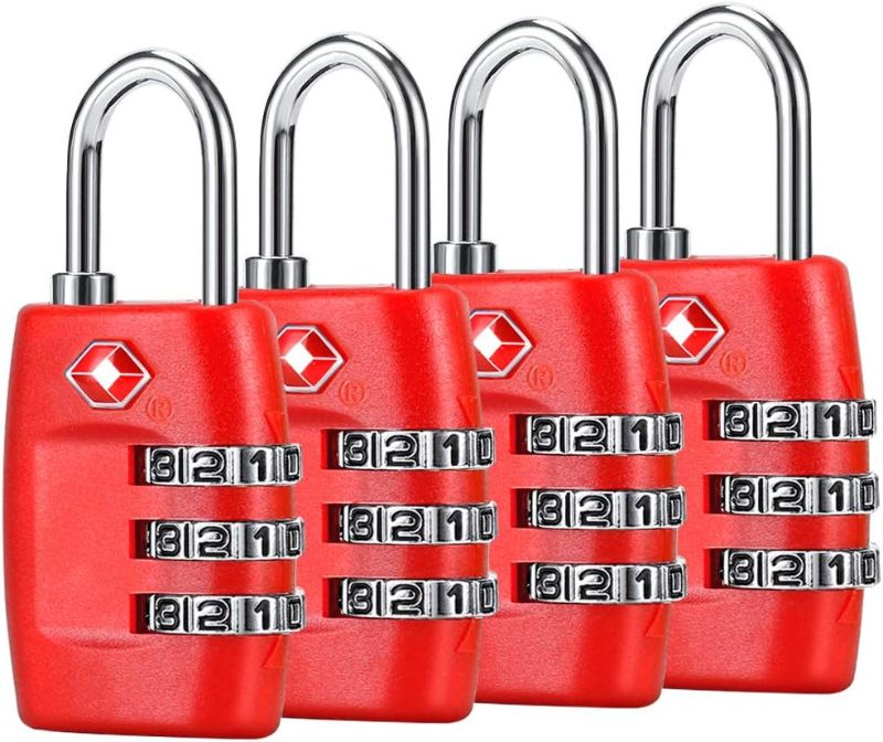 Photo 1 of TSA Luggage Locks (4Pack) - 3 Digit Combination Padlocks - Approved Travel Lock for Suitcases & Baggage (Red)
