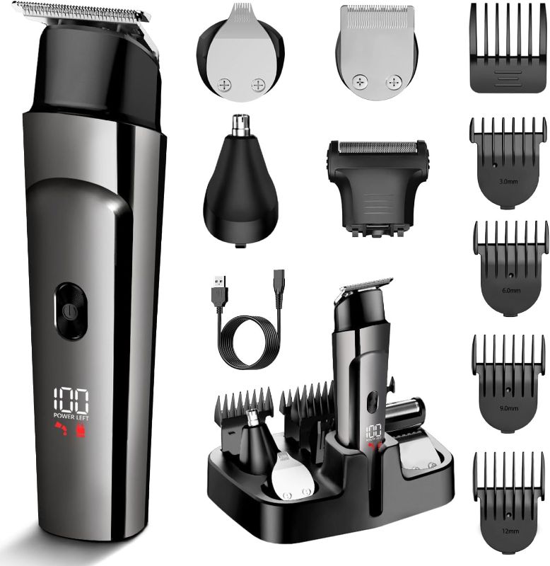Photo 1 of Beard Trimmer for Men - 5 in 1 Kit Electric Razor, Nose Hair Trimmer with LED Display, Cordless Mustache Body Face Grooming Kit, Waterproof Rechargeable Beard Shaver -Dark Gray
