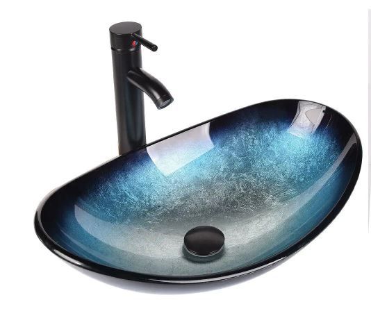 Photo 1 of Boat Shape Blue Glass Vessel Sink with Faucet in Black included Pop-up Drain
