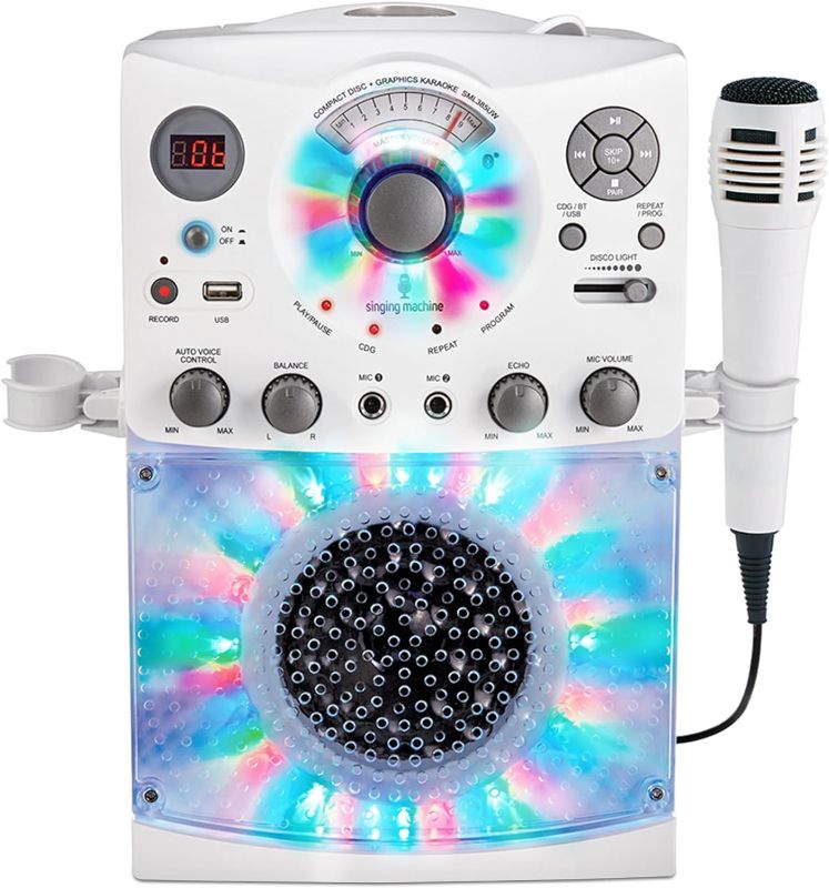 Photo 1 of Singing Machine Portable Karaoke Machine for Adults & Kids with Wired Microphone, White - Built-In Speaker, Bluetooth with LED Disco Lights - Karaoke System with CD+G Player & USB Connectivity
