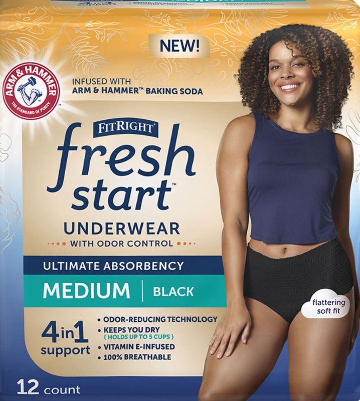 Photo 1 of FitRight Fresh Start Incontinence and Postpartum Underwear for Women, Medium, Black (12 Count) Ultimate Absorbency, Disposable Underwear with The Odor-Control Power of ARM & HAMMER Medium BLACK
