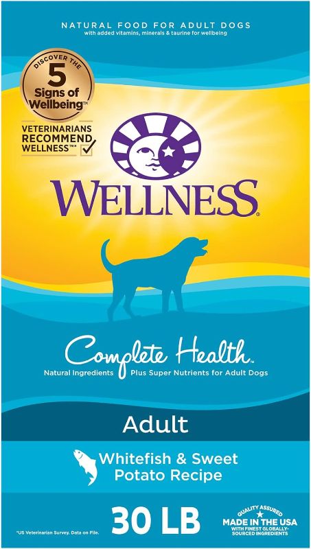 Photo 1 of Wellness Complete Health Dry Dog Food with Grains, Made in USA with Real Meat & Natural Ingredients, All Breeds, Adult Dogs (Whitefish, 30-lb) – With Nutrients for Immune, Skin, & Coat Support Whitefish & Sweet Potato 30 Pound (Pack of 1) - BBD 24/AUG/202