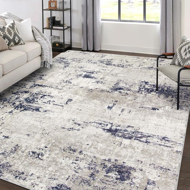 Photo 1 of Area Rugs 9x12 Living Room: Large Modern Abstract Washable Rug Soft Indoor Anti Slip Carpet for Under Dining Table Bedroom Nursery Home Office Night Blue Grey