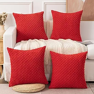 Photo 1 of UGASA Soft Corduroy Pillow Covers Pack of 4 Boho Stripe Decorative Pillow Covers Pillowcases 18x18 Inch Home Decor Modern Farmhouse for Sofa Living Room Couch Bed, Red