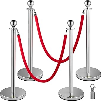 Photo 1 of VEVOR 4PCS Stainless Steel Stanchion Posts Queue, Red Velvet Ropes Silver Post, 5FT Rope Barriers Queue Line Crowd Control Barriers for Party Supplies