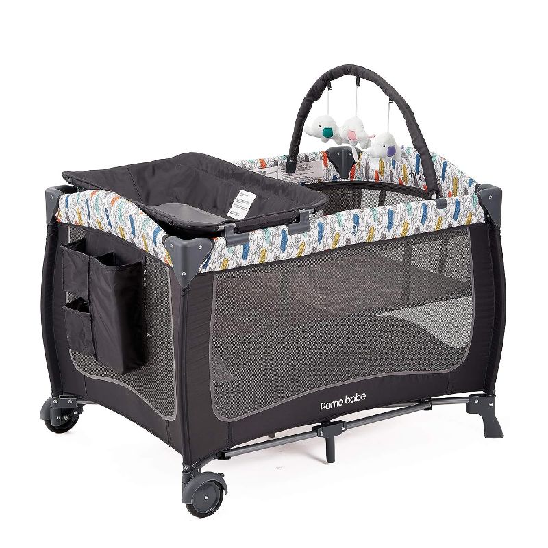 Photo 1 of Pamo Babe Portable Travel Crib for Toddlers, Baby Playpen with Bassinet and Changing Table(Blue)
