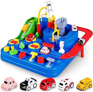 Photo 1 of TEMI Kids Race Track Toys for Boy Car Adventure Toy for 3 4 5 6 7 Years Old Boys Girls, Puzzle Rail Car, City Rescue Playsets Magnet Toys w/ 3 Mini Cars, Preschool Educational Car Games Gift Toys BLUE