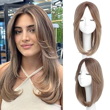 Photo 1 of Hair Toppers for women for Thinning Hair Synthetic Middle Part Lace Front Hair Topper Long Straight Wavy Clip in Wiglets with Fringe Bangs Brown Blonde with Highlights