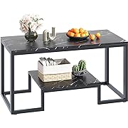 Photo 1 of Coffee Table Black Table for Living Room,2 Tiers Rectangle Center Table with Sturdy Metal Frame,Modern Black Faux Marble Coffee Table for Bedroom Home Office
