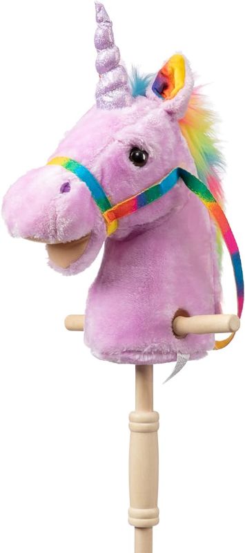 Photo 1 of HollyHOME Plush Unicorn Stick Horse with Wood Wheels Real Pony Neighing and Galloping Sounds Plush Unicorn Toy Purple 37 Inches(AA Batteries Required)  4 PACK 