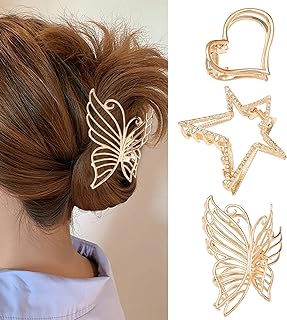Photo 1 of 4Pcs Metal Hair Claw Clips Gold Butterfly Star Heart Hair Clamps Strong Hold Big Non-Slip Hair Catch Barrette Jaw Clamp Hair Accessories for Women Girls Daily Wedding Thick/Thin Hair