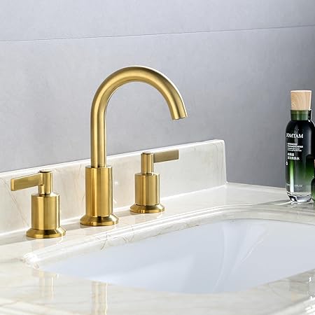 Photo 1 of Derengge Brushed Gold Widespread Bathroom Faucet Two Handle Bathroom Sink Faucet with Plastic Pop up Drain, 8 Inch Lavatory Faucet 3 Hole,LFS-0188-CS