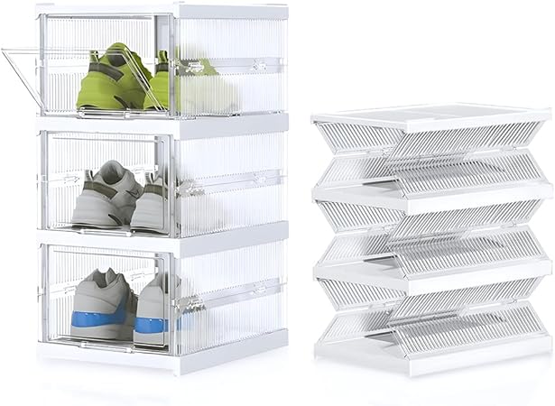 Photo 1 of Foldable Shoe Storage, Dust Free Entryway Sneaker Display Case Organizer with Lids, Clear Plastic Front Door Shoes Boxes, Large 3 Pack Containers Bins