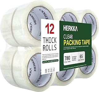 Photo 1 of HERKKA Clear Packing Tape, 12 Rolls Heavy Duty Packaging Tape for Shipping Packaging Moving Sealing, Thicker Clear Packing Tape, 1.88 inches Wide, 65 Yards Per Roll, 780 Total Yards
