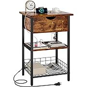 Photo 1 of Gadroad End Table with Charging Station, Bed Side Table with Drawer, Night Stand for Bedroom, 3-Tier Storage End Table, for Living Room - Rustic Brown
