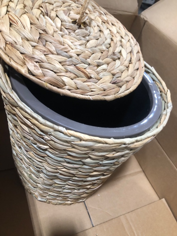 Photo 2 of  Trash Can with Lid in Bedroom, Bathroom - Trash Can in Office - Boho Woven Wicker Waste Basket - Office Garbage Cans for Under Desk (Water Hyacinth, Medium (D11 X H11))
