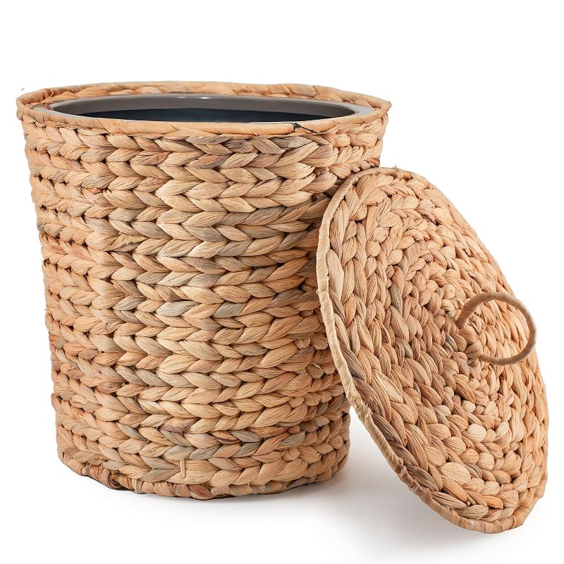Photo 1 of  Trash Can with Lid in Bedroom, Bathroom - Trash Can in Office - Boho Woven Wicker Waste Basket - Office Garbage Cans for Under Desk (Water Hyacinth, Medium (D11 X H11))
