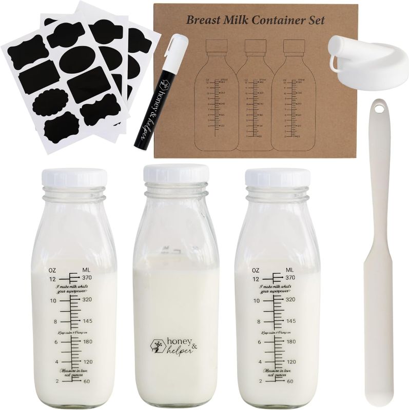 Photo 1 of Breast Milk Pitcher | Set of 3 Glass Breastmilk Storage Bottles, Pour Spout & Silicone Spatula | Breast Milk Container w/ Chalkboard Labels & Pen | Ideal Breastmilk Storage Pitcher for Baby Shower
