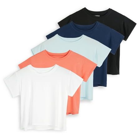 Photo 1 of Real Essentials 5 Pack: Women S Dry Fit Crop Top - Short Sleeve Crew Neck Stretch Athletic Tee (Available in Plus Size) 2X
