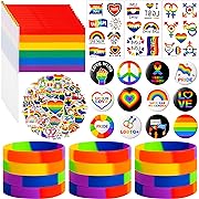 Photo 1 of BeYumi 90Pcs Gay Pride Day Accessories Set for LGBT Include Button Pins Mini Rainbow Flag Temporary Tattoo Stickers Silicone Bracelets LGBTQ Party Favors for Gay Pride Parade Celebration Daily Wear
