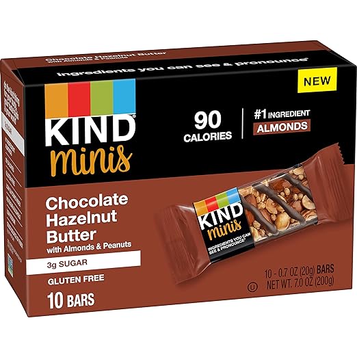 Photo 1 of KIND Minis, Chocolate Hazelnut Butter with Almonds & Peanuts, Healthy Snacks, Gluten Free, Low Calorie Snacks, Low Sugar, 10 Count Chocolate Hazelnut 1
