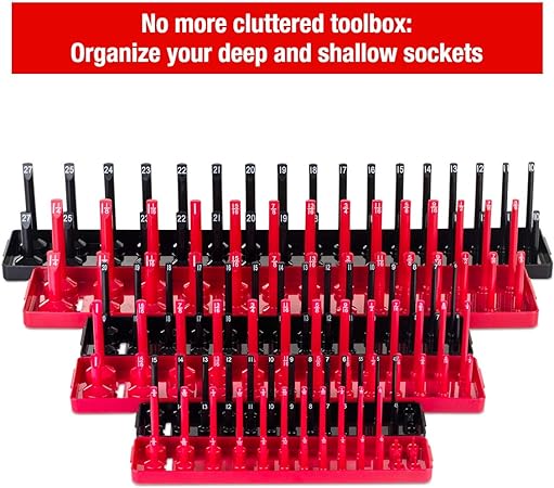 Photo 1 of 6PCS Socket Organizer Tray Set, Red SAE & Black Metric Socket Storage Trays, 1/4-Inch, 3/8-Inch & 1/2-Inch Drive Deep and Shadow Socket Holders for Toolboxes