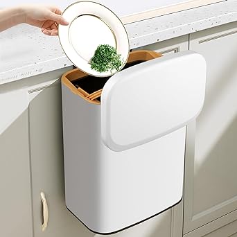 Photo 1 of Hanging Stainless Steel Trash Can 2.1 Gallon Wall Mounted Kitchen Compost Bin with Lid Cabinet Door Under Sink Small Garbage Can for Kitchen Counter Top Bathroom(2.1 Gallon,White)