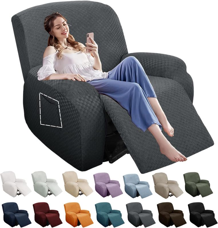 Photo 1 of YEMYHOM 4 Pieces Stretch Recliner Slipcover Latest Jacquard Recliner Chair Cover with Side Pocket Anti-Slip Fitted Recliner Cover Couch Furniture Protector with Elastic Bottom (Recliner, Dark Gray)
