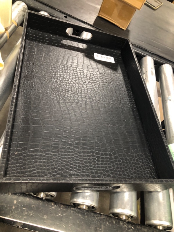 Photo 2 of 18”x12” Rectangle Alligator Faux Leather Decorative Serving Tray with Handles, Black
