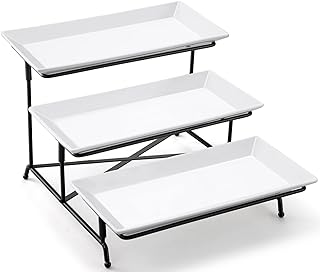 Photo 1 of Yedio 3 Tier Serving Tray Set Porcelain Tiered Serving Trays Platters, Collapsible Sturdier Stand with Stable Cross Bars, for Party Entertaining Food Display Fruit Dessert, 12 Inch
