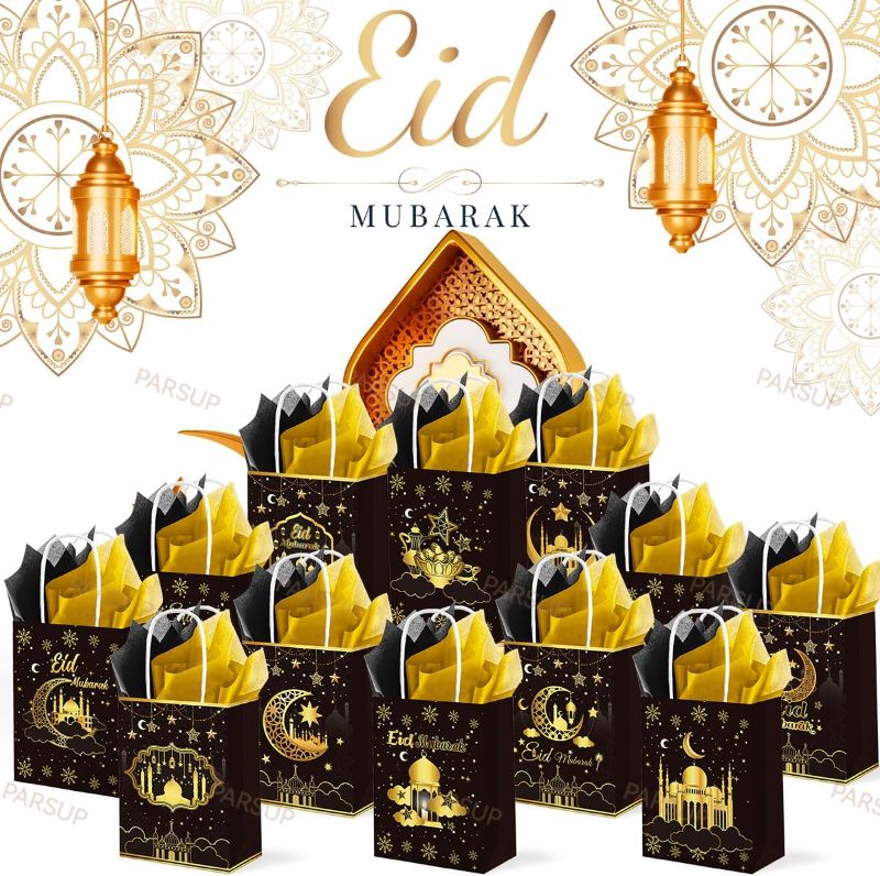 Photo 1 of 24 Pcs Eid Gift Bag with Tissue Paper Eid Candy Bags with Handle Mubarak Goodie Bag Gift Bag for Ramadan Mubarak Eid Event Muslim Party Eid Al Fitr Party Eid Decoration Supplies,