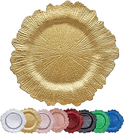 Photo 1 of Gold Reef Charger Plates 10PCS, 13inch Plastic Floral Charger Plates Wedding for Dinner,Wedding,Party,Event,Decoration(Reef Gold10)