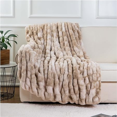 Photo 1 of BATTILO HOME Ruched Luxury Faux Fur Throw Blanket Beige Tie-dye Rabbit Fur Blanket for Couch, Living Room, Fuzzy, Soft, Plush, Cozy, Elegant with Reversible Mink Blanket 