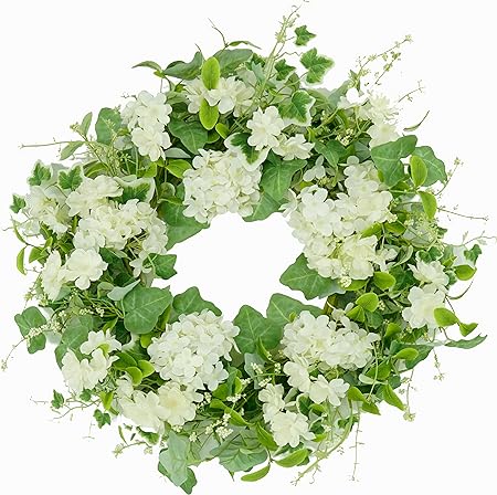 Photo 1 of 20 inches Spring Summer Wreath Hydrangea Wreath for Front Door with White Cherry Blossom,Eucalyptus and Ivy Leaves for Indoor Outdoor Home Farmhouse Festival Decor…