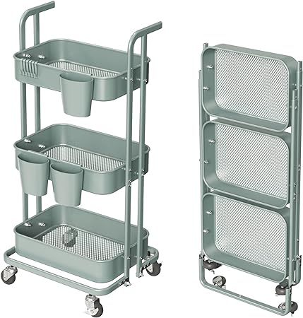 Photo 1 of 3 Tier Foldable Rolling Cart, Metal Utility Cart with Wheels, 3 Hanging Cups and 6 Hooks, Folding Trolley for Living Room, Kitchen, Bathroom, Bedroom and Office, Green