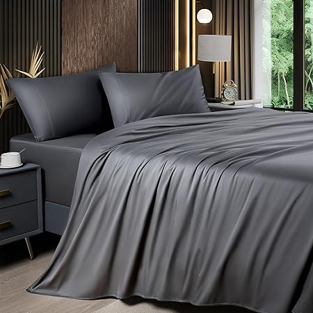 Photo 1 of Shilucheng 4-PiecE Sheets Set?Rayon Derived from Bamboo_?Cooling & Breathable Bed Sheets, Silky Bedding Sheets & Pillowcases, 16 Inch Deep Pockets (,Dark Grey)