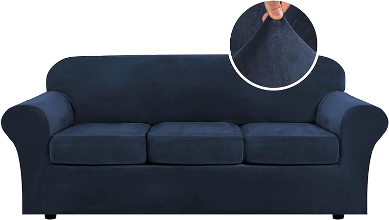 Photo 1 of H.VERSAILTEX Modern Velvet Plush 4 Piece High Stretch Sofa Slipcover Sofa Cover Furniture Protector Form Fit Luxury Thick Velvet Sofa Cover for 3 Cushion Couch Width Up to 90 Inch (Sofa,Navy)