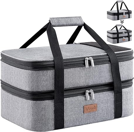 Photo 1 of Lifewit Insulated Double Casserole Carrier Thermal Lunch Tote for Potluck Parties, Picnic, Beach, Fits 9 x 13 Inches Casserole Dish, Expandable by Mid Zipper, Grey