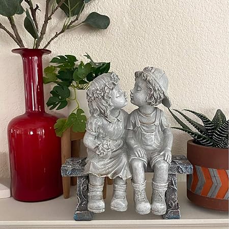 Photo 1 of 1 Pcs Cute Garden Sculptures & Statues,3 Styles Kissing Boy and Girl Garden Statue Decor,Polyresin, Antique Stone,for Patio Deck Yard Garden Lawn Porch Decor,Sitting Stool