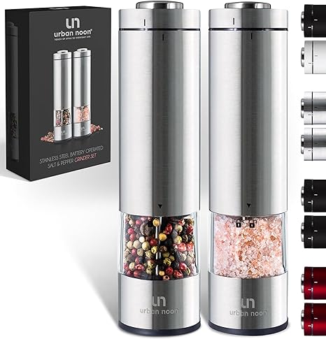 Photo 1 of Electric Salt and Pepper Grinder Set - Battery Operated Stainless Steel Mill with Light (2 Mills) - Automatic One Handed Operation - Electronic Adjustable Shakers - Ceramic Grinders