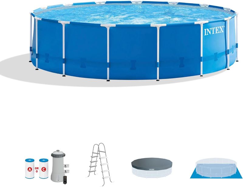 Photo 1 of Intex 28241EH 15 Foot x 48 Inch Metal Frame Outdoor Above Ground Swimming Pool Set with Filter Pump, Ladder, Ground Cloth, and Pool Cover
