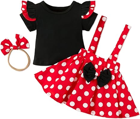 Photo 1 of  3pcs Baby Girl 95% Cotton Ruffle Short Sleeve Top and Polka Dots Bowknot Suspender Skirt with Headband Set