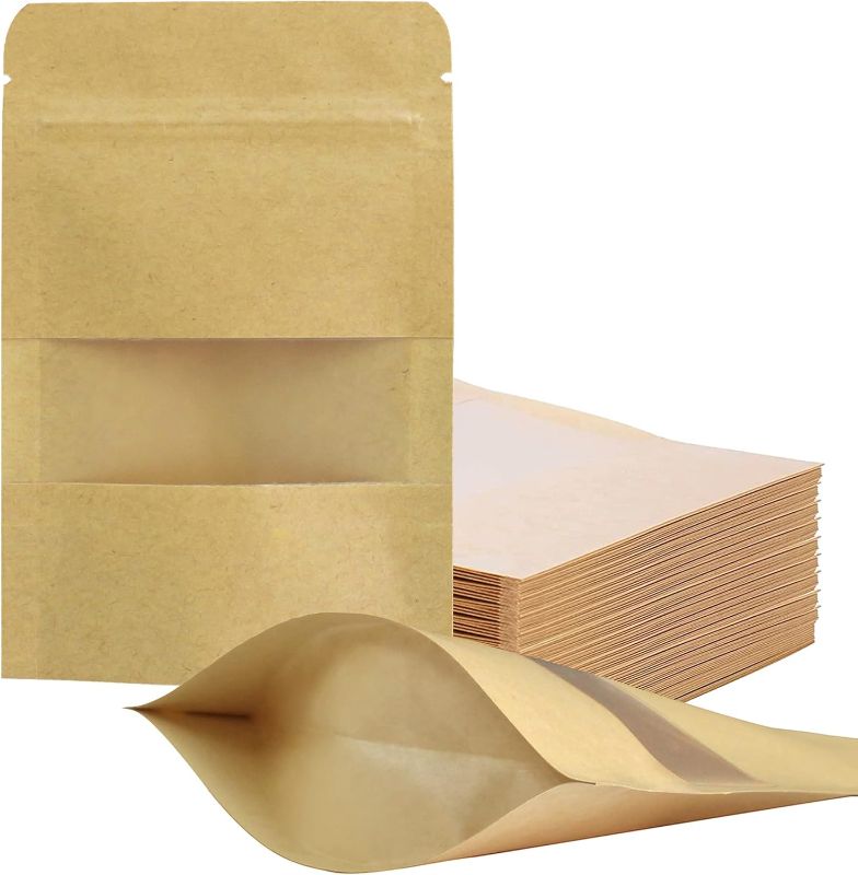 Photo 1 of 100 Pcs Resealable bags,3.5" x 5.5" Stand Up Kraft Paper Bags with Matte Window, Zip Lock Food Storage Bags for Packaging Products, Reusable, Sealable