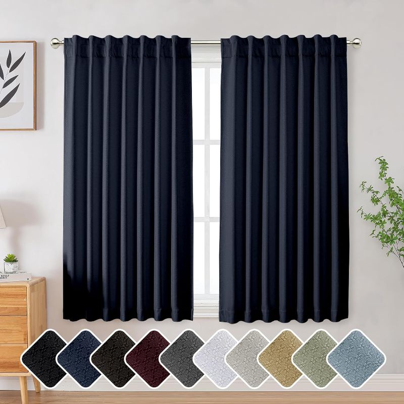 Photo 1 of 100% Blackout Curtains for Bedroom 63 Inch Length for Bedroom, Textured Navy Blue Blackout Curtains Noise Reduce Drapes, Full Light Blocking Thermal Insulated Curtains for Living Room(W52 x L63)