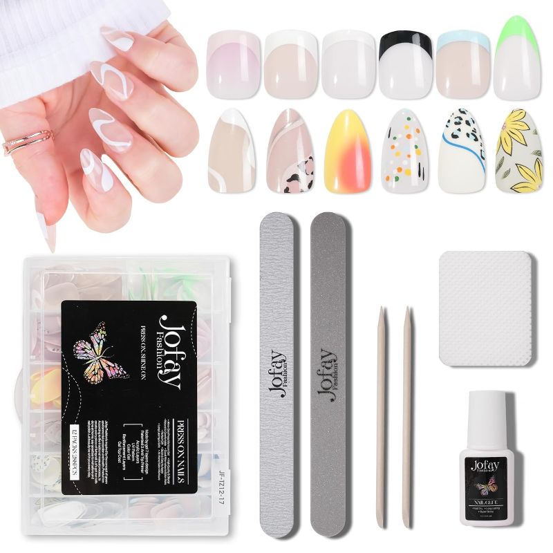 Photo 1 of Press on Nails Short with Strong Stick on Nails Glue Nude French Tips False Nail Kits Square and Almond Fake Nails Glue On Nails Set with Design for Women and Grils, 12 Packs (288 Pcs)