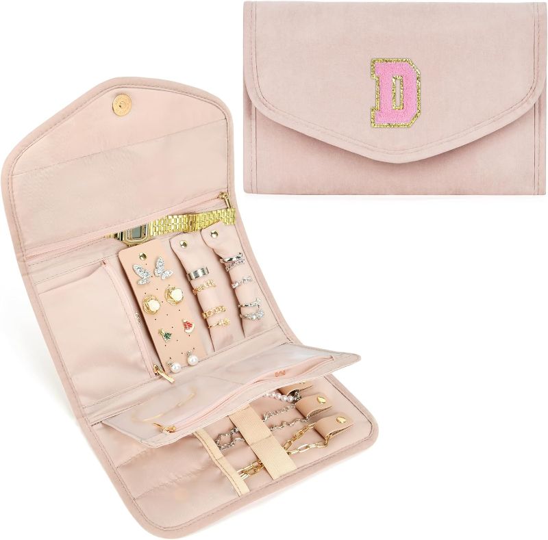 Photo 1 of Personalized Travel Jewelry Case, Foldable Jewelry Holder Organizer Jewelry Storage Roll for Women, Initials Jewelry Bag for Earrings, Necklaces, Rings, Bracelets