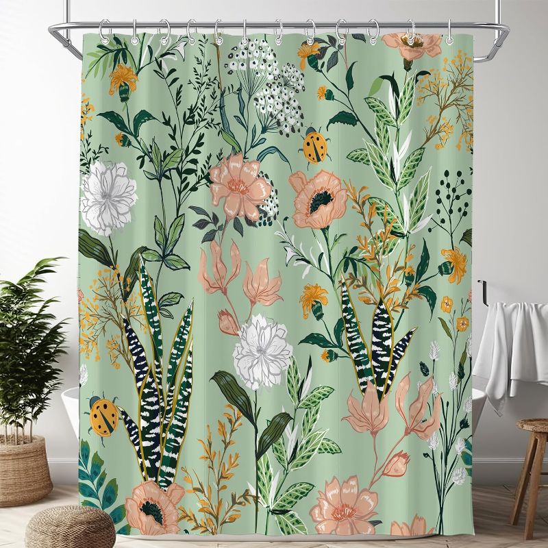 Photo 1 of Green Boho Cute Vintage Tropical Leaves Floral Spring Shower Curtain for Bathroom 72W*72H Inch Botanical Plant Flower Bathtub Decor Herb Aesthetic Waterproof Polyester Fabric Set with 12 Hooks